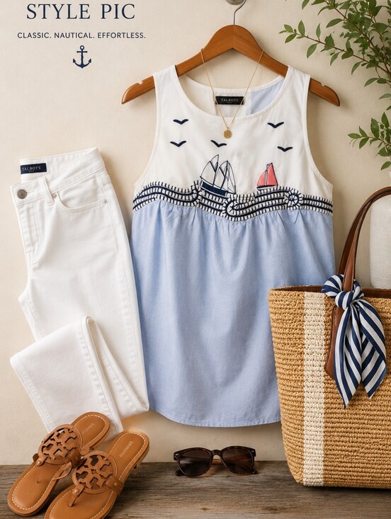 Talbots Tops - Talbots Nautical Sailboat Embroidered Tank Top XS Blue White Cotton Side Zip